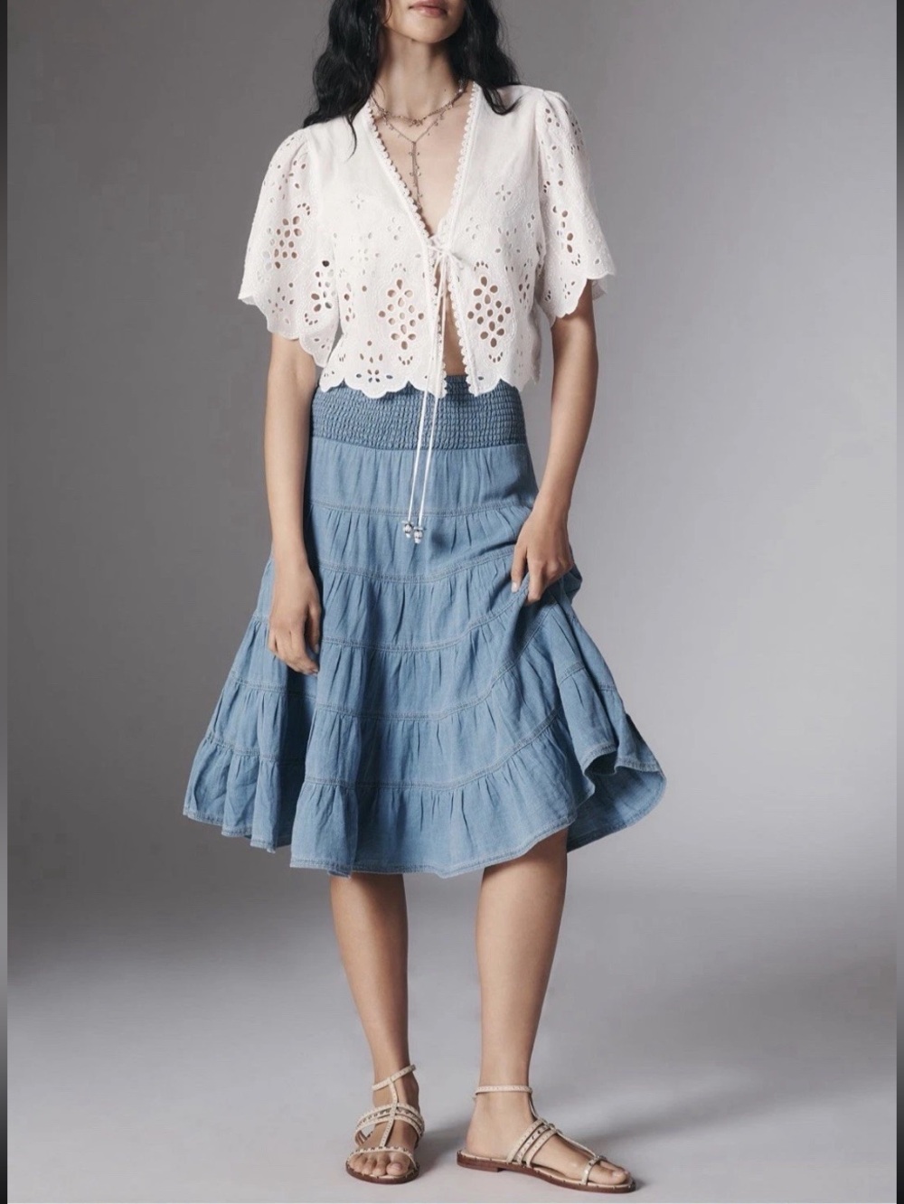Anthropologie Pilcro Reese Smocked Pull On Blue Chambray Midi Skirt Size M L